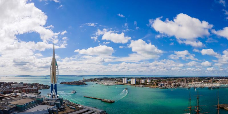 view of sea port with modern buildings in foreground